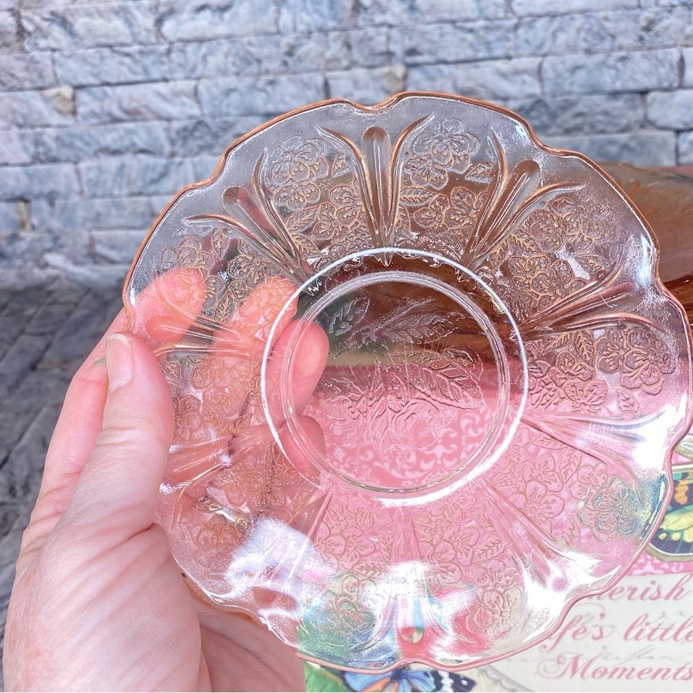 Jeanette Glass Vtg Saucer Plates Set of 5 Depression Glass Cherry Blossom